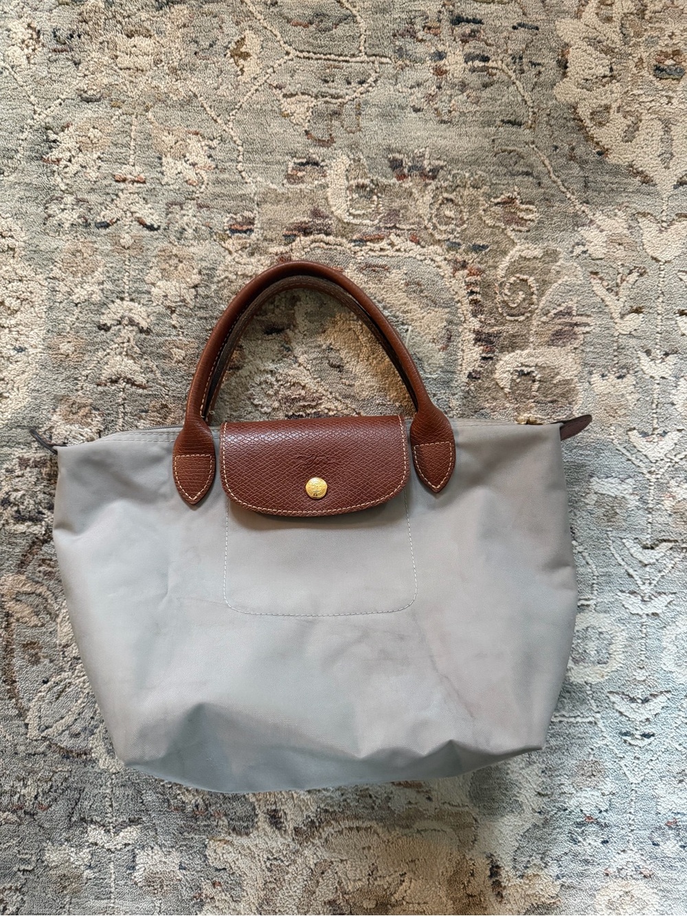 Longchamp Gray Tote with Brown Leather Trim